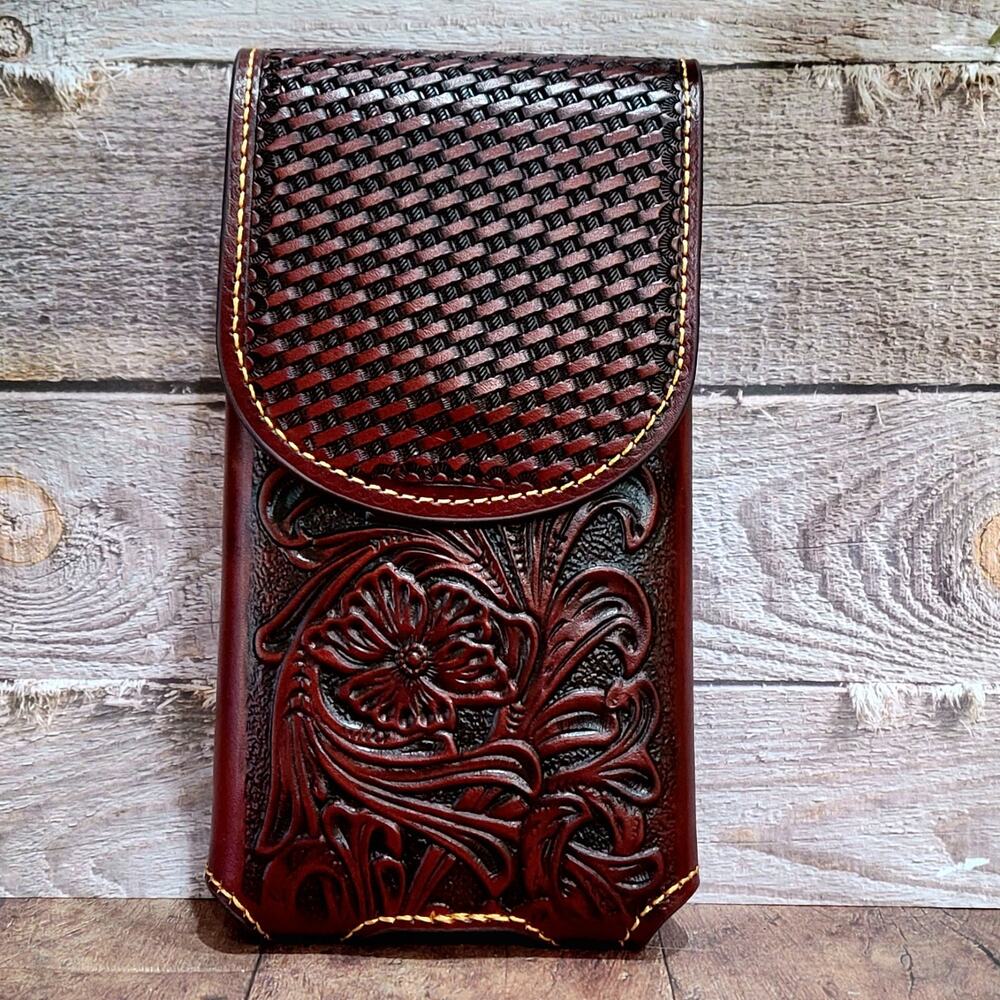 Western Cowboy Belt Loop Phone Holster Brown LARGE Genuine Leather Basketweave